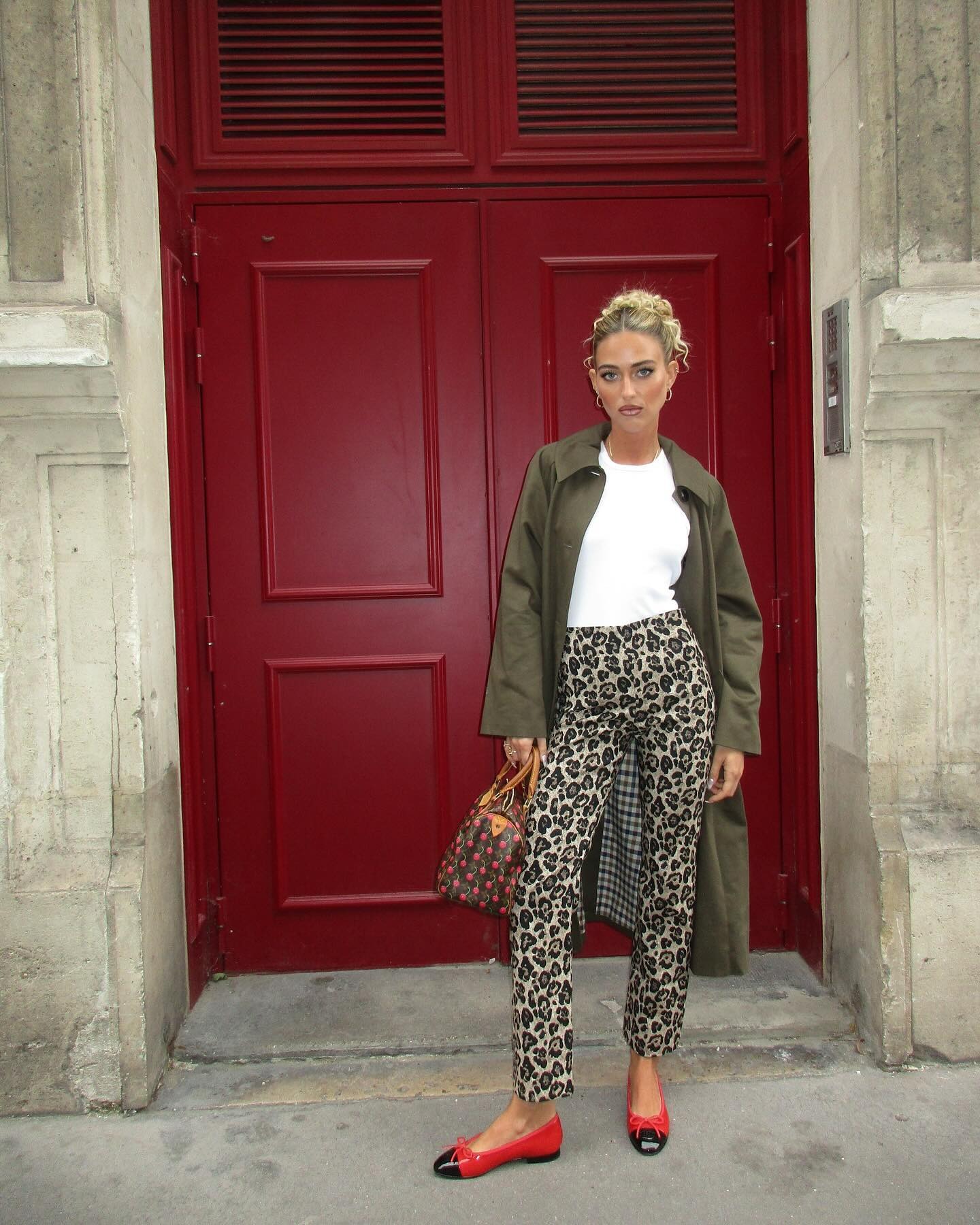 Woman wearing leopard pants.