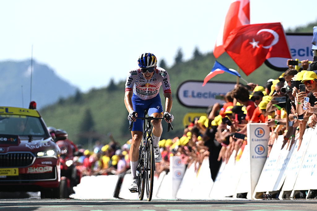 HAUTACAM, FRANCE - JULY 17: Florian Lipowitz of Germany and Team Red Bull - BORA - hansgrohe crosses the finish line as third place winner during the 112th Tour de France 2025, Stage 12 a 180.6km stage from Auch to Hautacam 1519m / #UCIWT / on July 17, 2025 in Hautacam, France. (Photo by Tim de Waele/Getty Images)