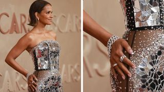 On the left, Halle Berry is pictured wearing a silver, mirrored dress and with a silver ombre French tip nails at the 97th Annual Oscars at Dolby Theatre on March 02, 2025, in Hollywood, California and on the right, is a close-up of the same picture, to show Halle Berry's manicure on her left hand/ in a two-picture template