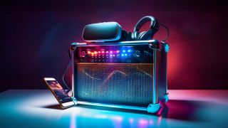 A studio shot of a futuristic guitar amplifier with lights; a smart phone and VR headset