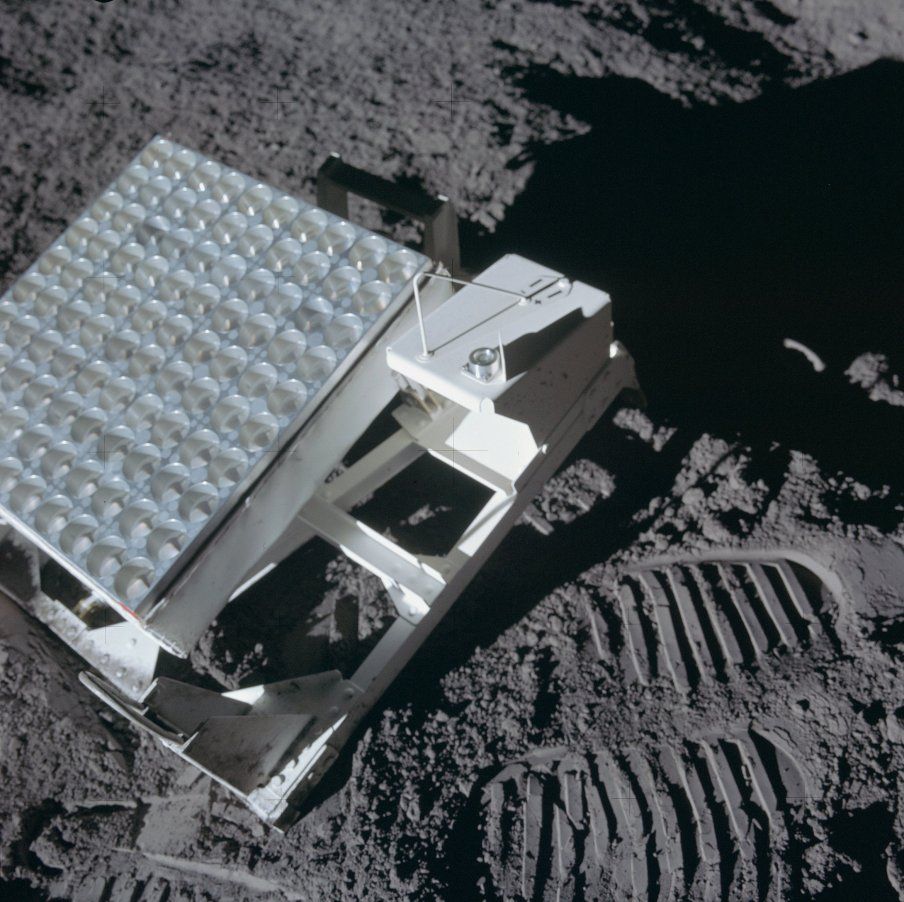 The Apollo 14 mission&#039;s retroreflector, as seen in place on the moon&#039;s surface.