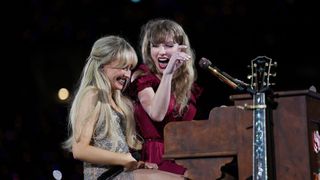 Taylor Swift and Sabrina Carpenter perform onstage during the Eras tour.