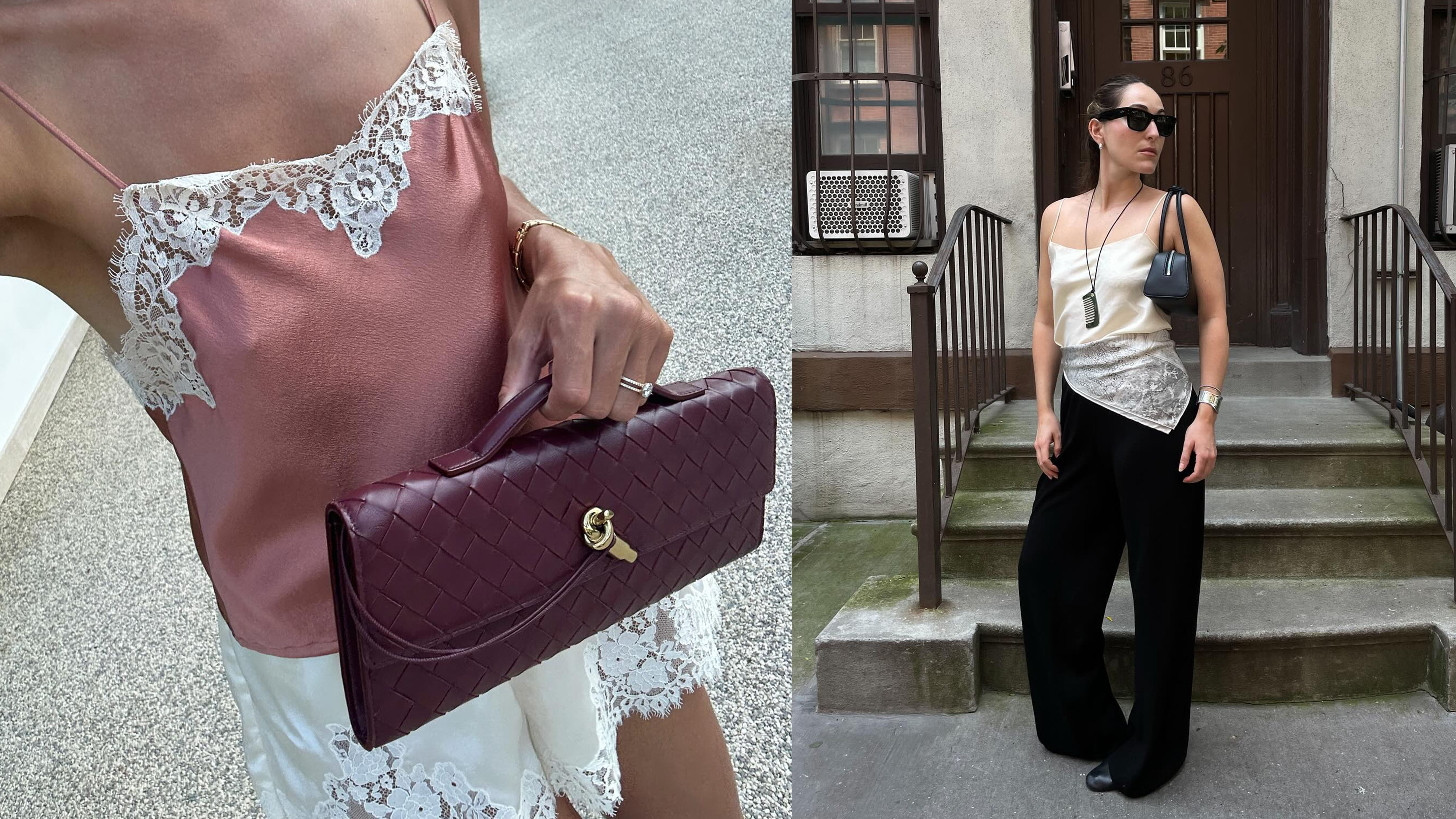 Collage of women wearing satin summer outfits.