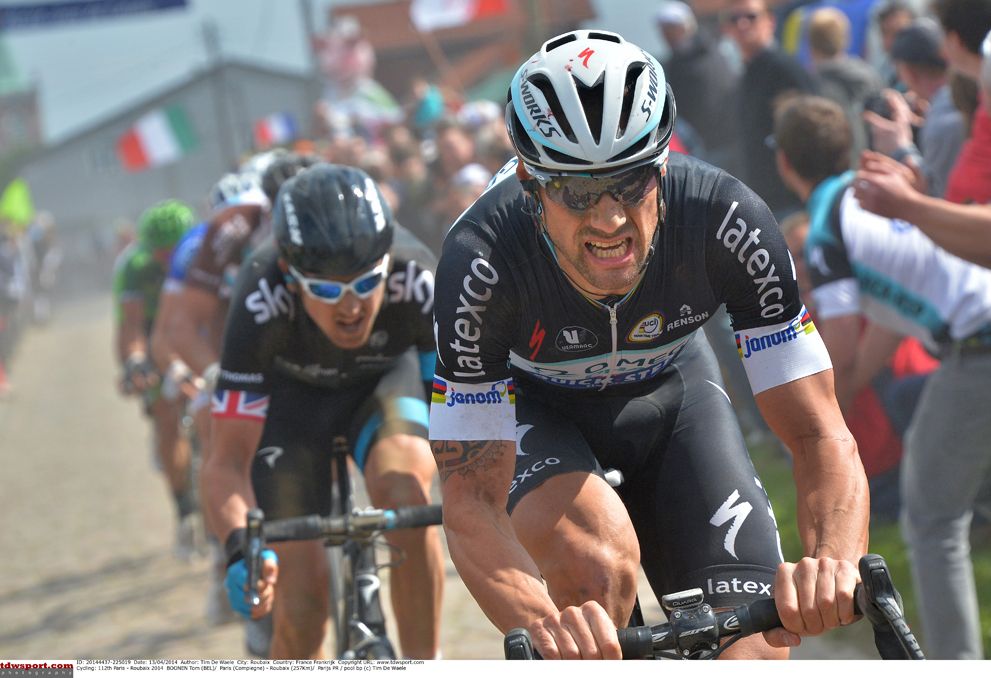 Geraint Thomas and Tom Boonen during the 2014 Paris-Roubaix