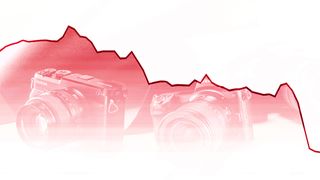 Red graph line trending down, superimposed over images of mirrorless cameras