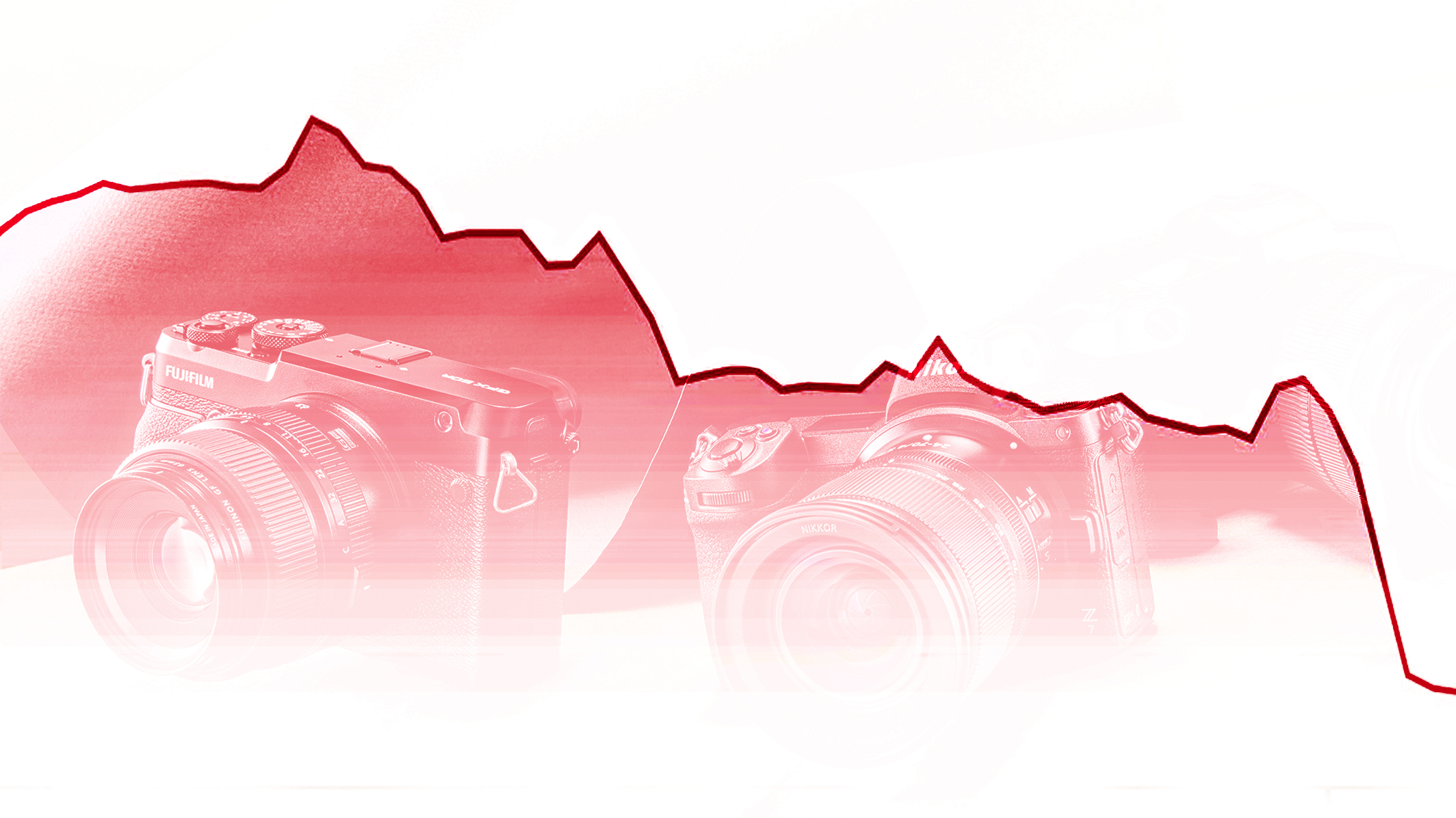 Red graph line trending down, superimposed over images of mirrorless cameras