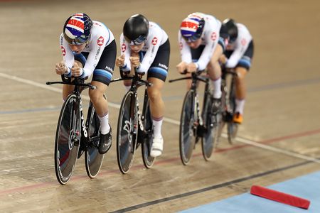 Laura Kenny of Great Britain leads her team mates in the first round of the Women's Team Pursuit on day one of the 2018 TISSOT UCI Track Cycling World Cup