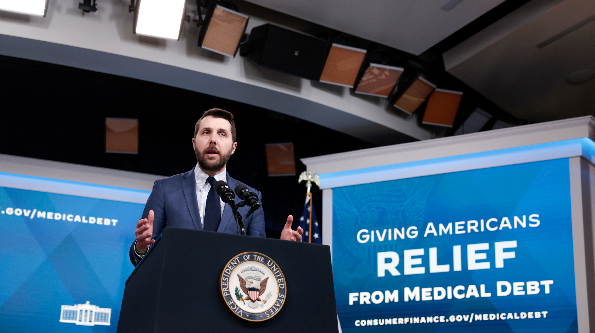 National Economic Council Director Brian Deese delivers remarks on medical debt at an event in the South Court Auditorium of the White House on April 11, 2022 in Washington, DC. 