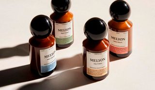 Meylon milk cleanser, day cream, night cream and detox serum in brown bottles with circular black tops