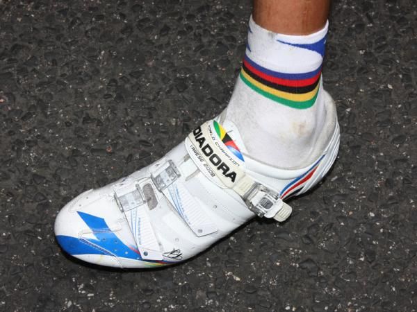 Alessandro Ballan (Lampre) celebrates his world championship win in Varese with these custom Diadoras.