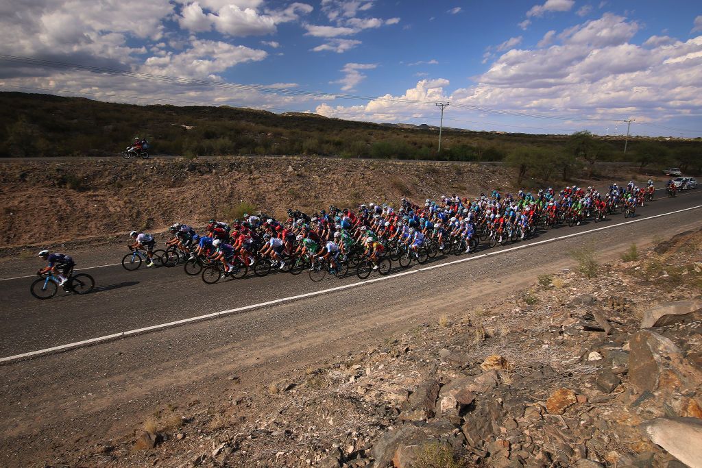 SAN JUAN ARGENTINA JANUARY 22 A general view of the peloton competing during the 39th Vuelta a San Juan International 2023 Stage 1 a 1439km stage from San Juan to San Juan on January 22 2023 in San Juan Argentina Photo by Maximiliano BlancoGetty Images