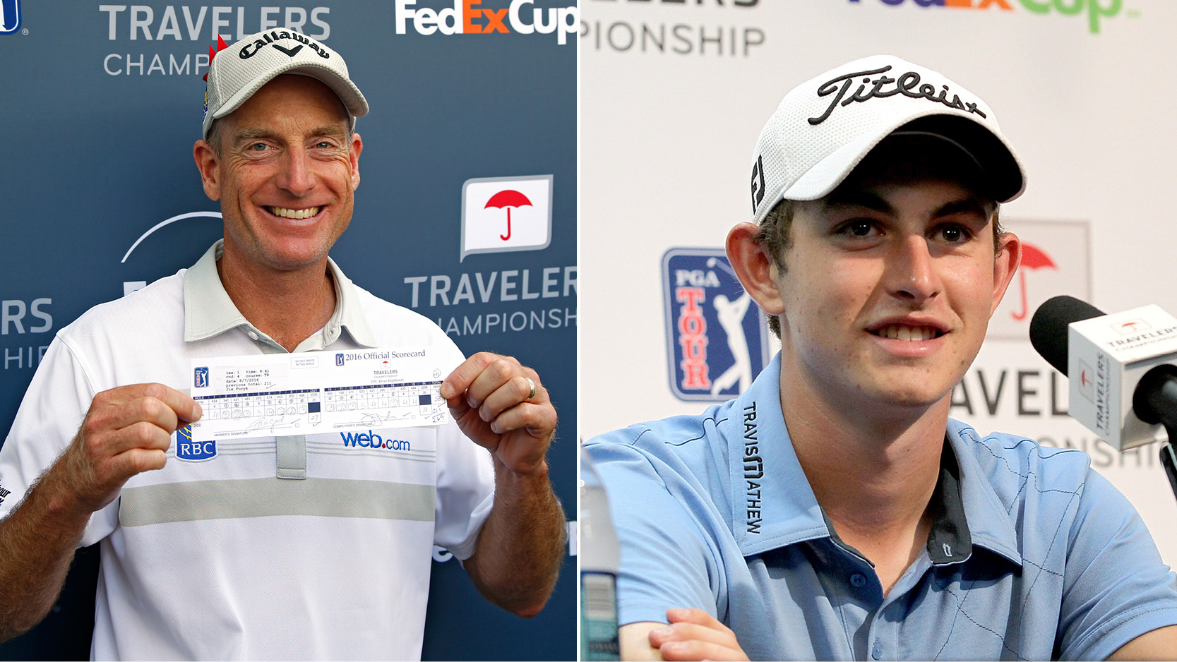 (Left) Jim Furyk holds up his scorecard after shooting 58 at TPC River Highlands during round four of the 2016 Travelers Championship while a 19-year-old Patrick Cantlay speaks to the media in 2011 (right)