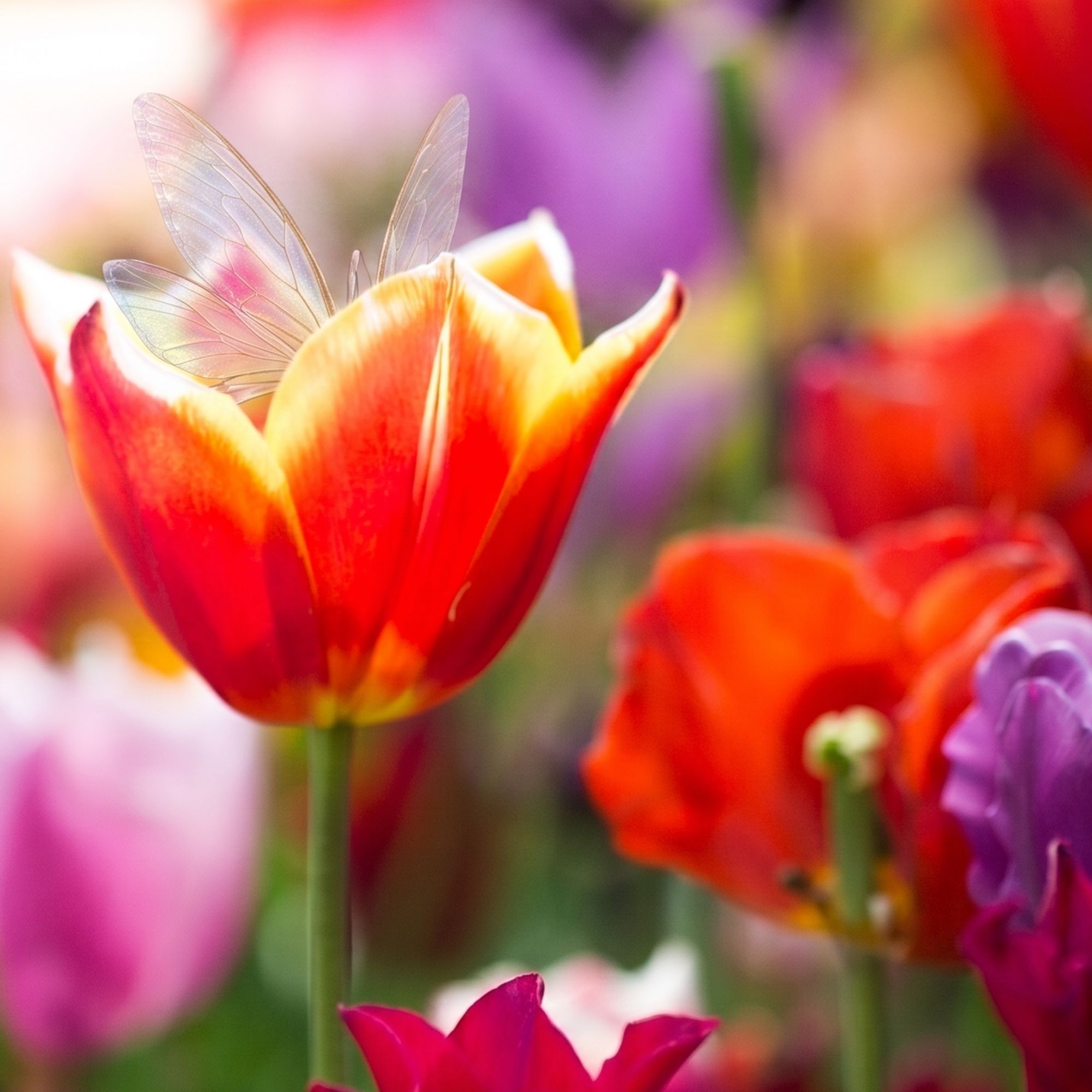 A flowerbed filled with colorful tulips, one of which has gossamer fairy wings poking out from between its petals