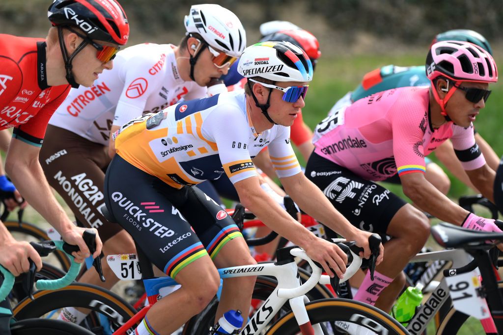 MOLINS DE REI SPAIN MARCH 25 Remco Evenepoel of Belgium and Team Soudal QuickStep Yellow Best Young Rider Jersey competes during the 102nd Volta Ciclista a Catalunya 2023 Stage 6 a 1741km stage from Martorell to Molins de Rei UCIWT on March 25 2023 in Molins de Rey Spain Photo by David RamosGetty Images