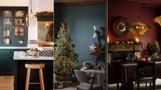 dark green kitchen cabinets, dark blue living room with christmas tree, dark red dining room with festive decor