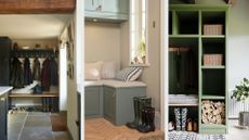 three images of boot rooms with storage space