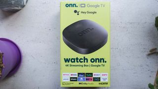 The unopened box of the onn 4K Google TV streaming box
