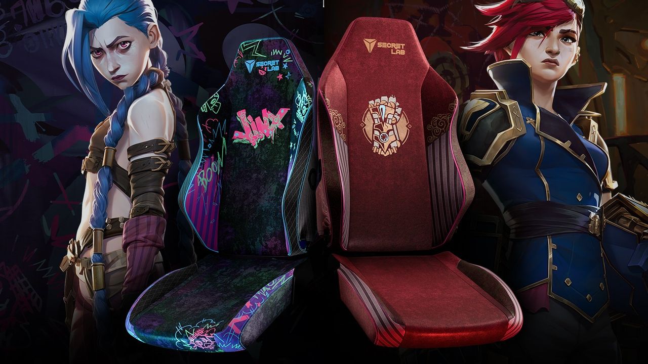 The Secretlab SKINS Lite designs for Jinx and Vi from Arcane, with the respective characters on either side.