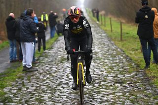 Wout van Aert leads Jumbo-Visma over the Arenberg cobbles during Jumbo-Visma's Paris-Roubaix recon ride on Thursday