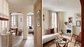 Compilation image of Parisian style decor is a hallway and living room with neutral colour schemes and warm accents