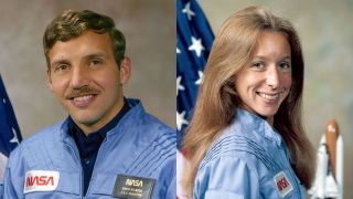 portraits of two people in blue NASA flight suits in front of American flags