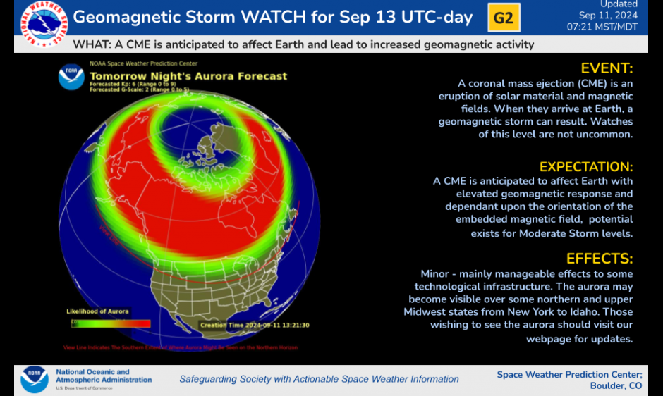 A graphic showing a map of Earth with a red and green circle over northern North America, indicating where auroras might be visible on September 13, 2024.