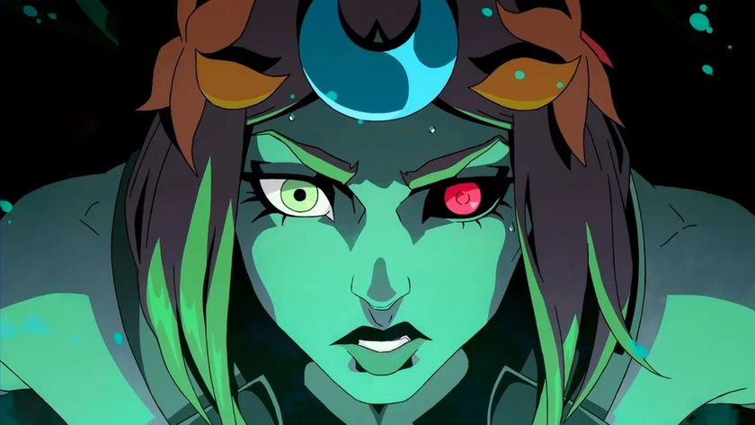 Mel staring head-on with one red eye in Hades 2