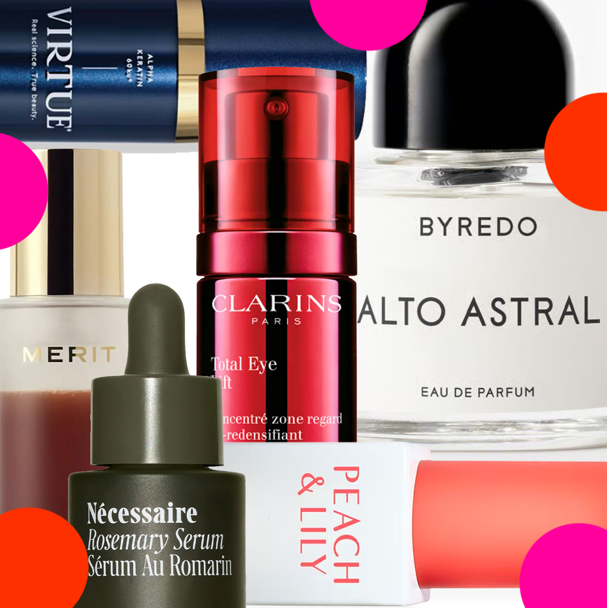 Collage of MERIT Great Skin Double Cleanse Makeup Removing Cleanser, Clarins Total Eye Lift Eye Cream, Virtue Overnight Scalp & Hair Elixir, Byredo Alto Astral perfume, PEACH & LILY Miniprotein Exosome Bioactive Ampoule, Nécessaire Rosemary Serum on white background with pink and red polka dots