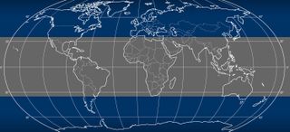 This NASA graphic shows the region of Earth's tropics over which the Tropical Rainfall Measurement Mission satellite will fly during its fall back to Earth around June 16, 2015. The joint NASA-Japanese satellite spent 17 years mapping Earth's rainfall.