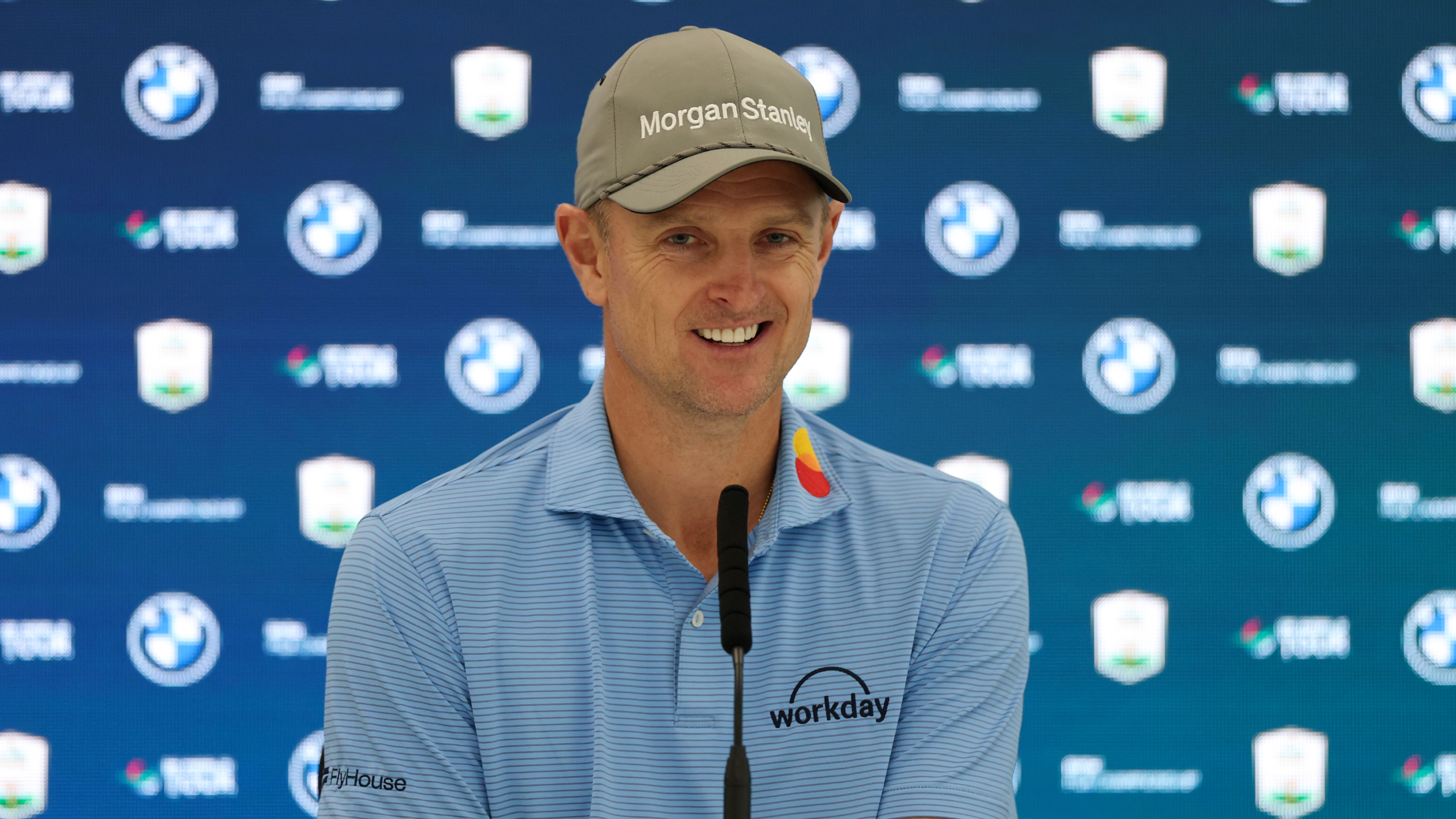 Justin Rose talks to the media before the BMW PGA Championship 