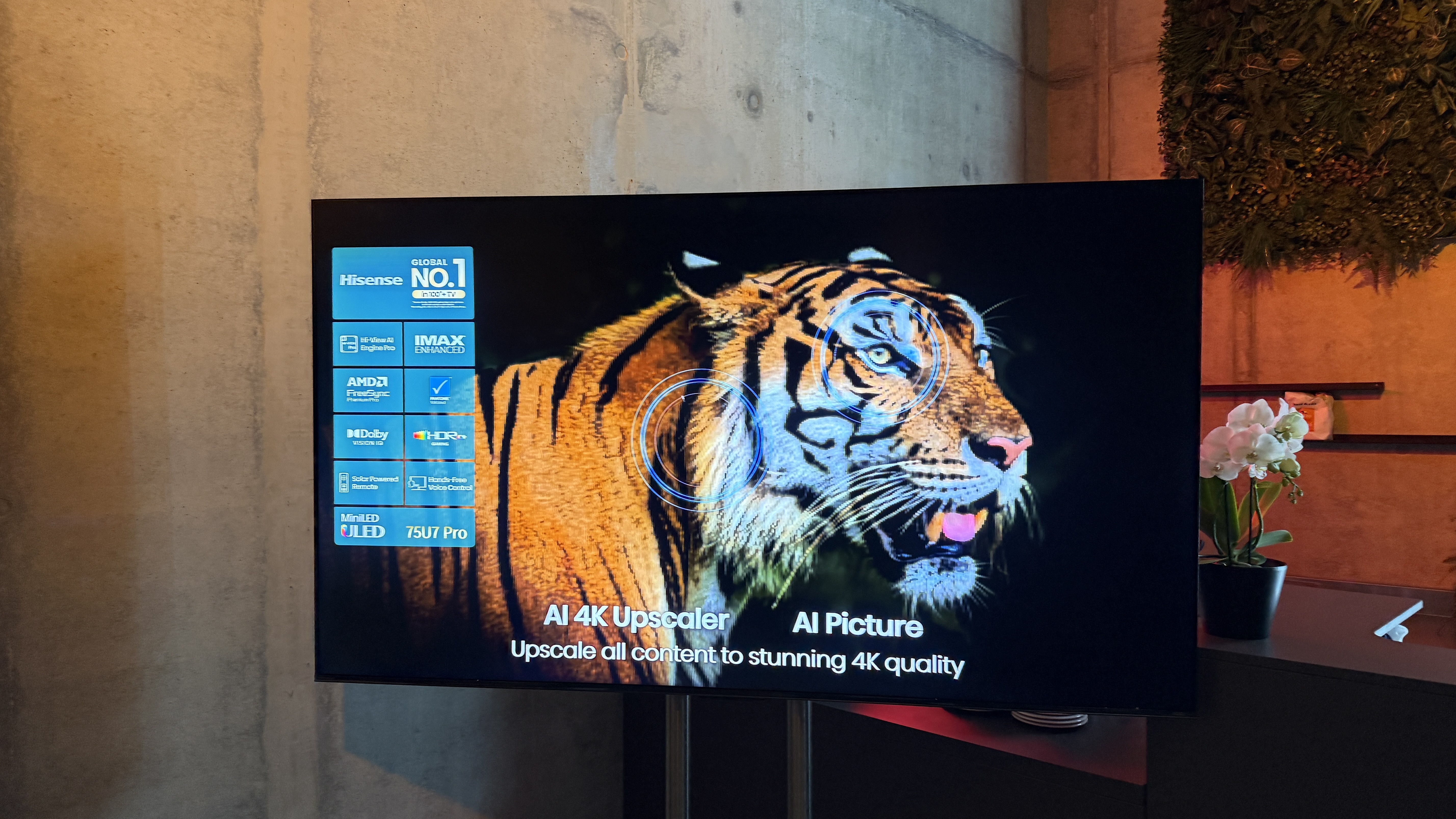 The Hisense U7S Pro showing a tiger with label emphasizing that the AI processing is adding detail. The tiger is against a black background with no visible reflections on it, due to the matte coating