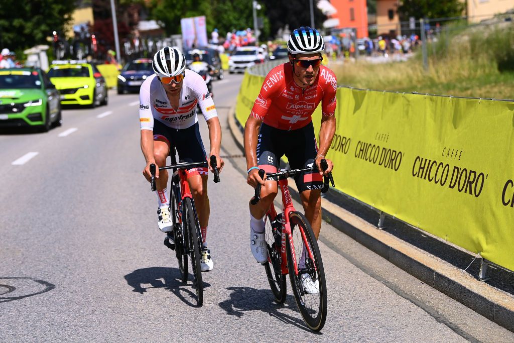 NOVAZZANO SWITZERLAND JUNE 16 Alexander Kamp of Denmark and Team Trek Segafredo and Silvan Dillier of Switzerland and Team AlpecinFenix compete in the breakaway during the 85th Tour de Suisse 2022 Stage 5 a 1901km stage from Ambri to Novazzano 364m ourdesuisse2022 WorldTour on June 16 2022 in Novazzano Switzerland Photo by Tim de WaeleGetty Images