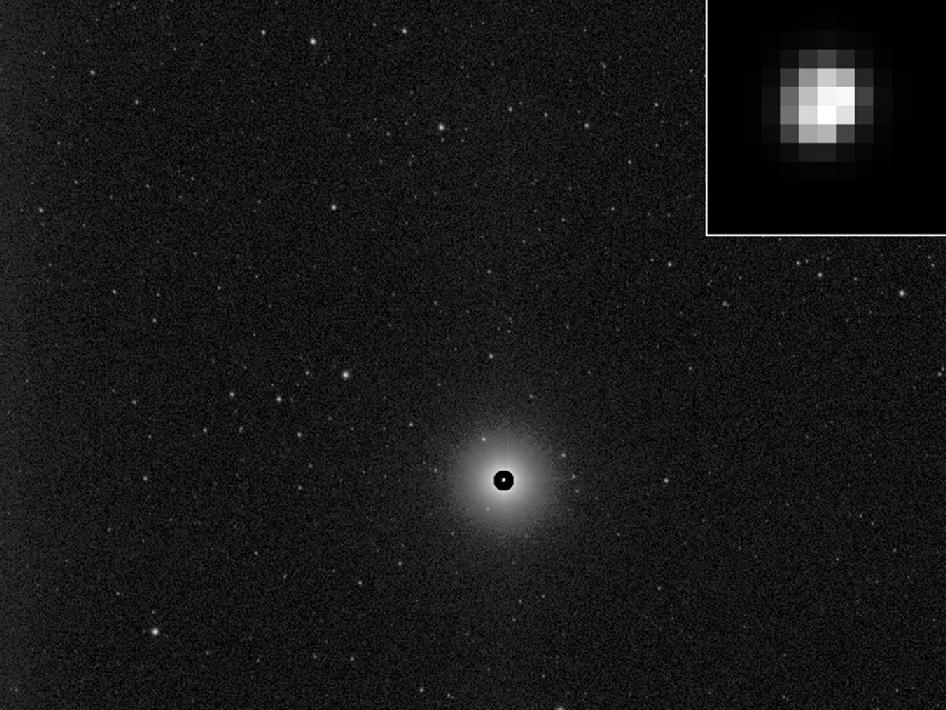 This image, processed to show the true size of the giant asteroid Vesta, shows Vesta in front of a spectacular background of stars. It was obtained by the framing camera aboard NASA's Dawn spacecraft on May 3, 2011, from a distance of about 750,000 miles