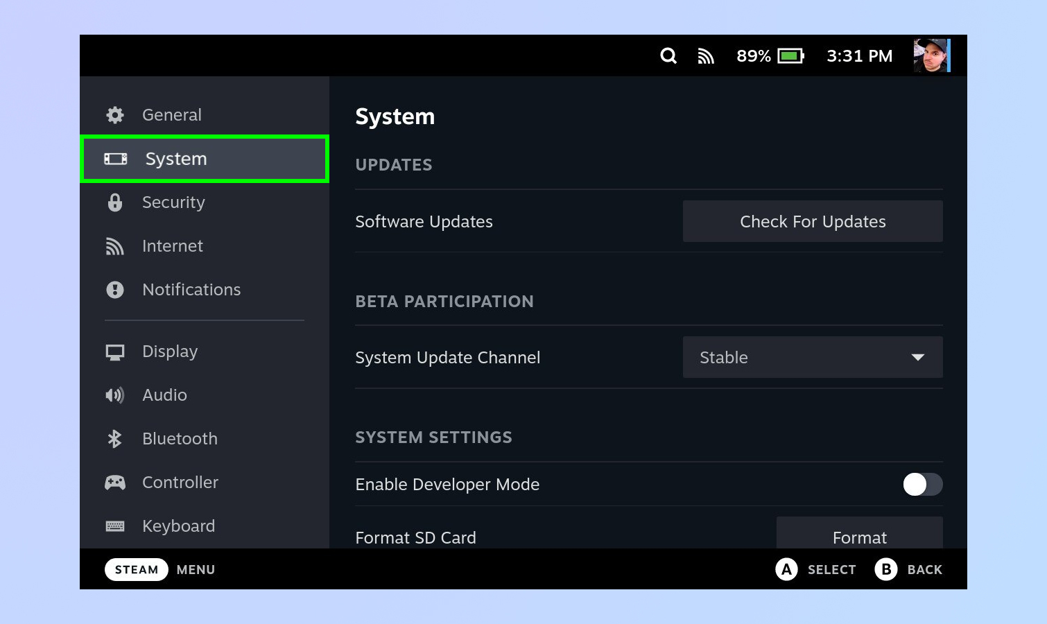 Steam Deck - System settings