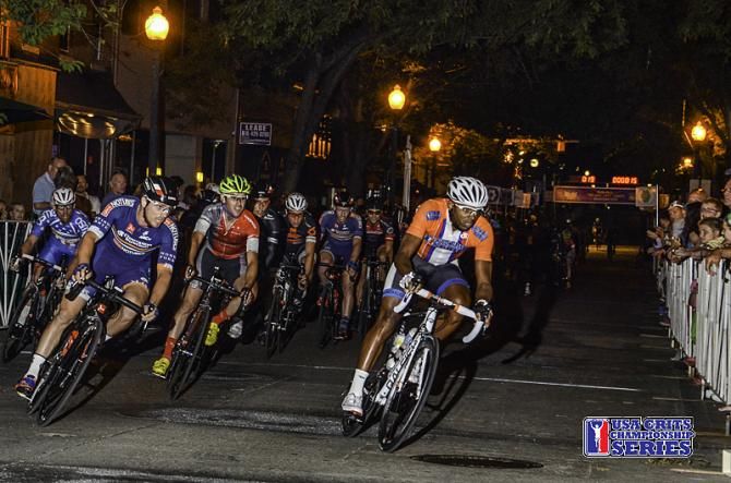 USA CRITS series leader Frank Travieso (Team United HealthCare / The 706 Project) leads the pack at the Iron Hill Twilight Criterium