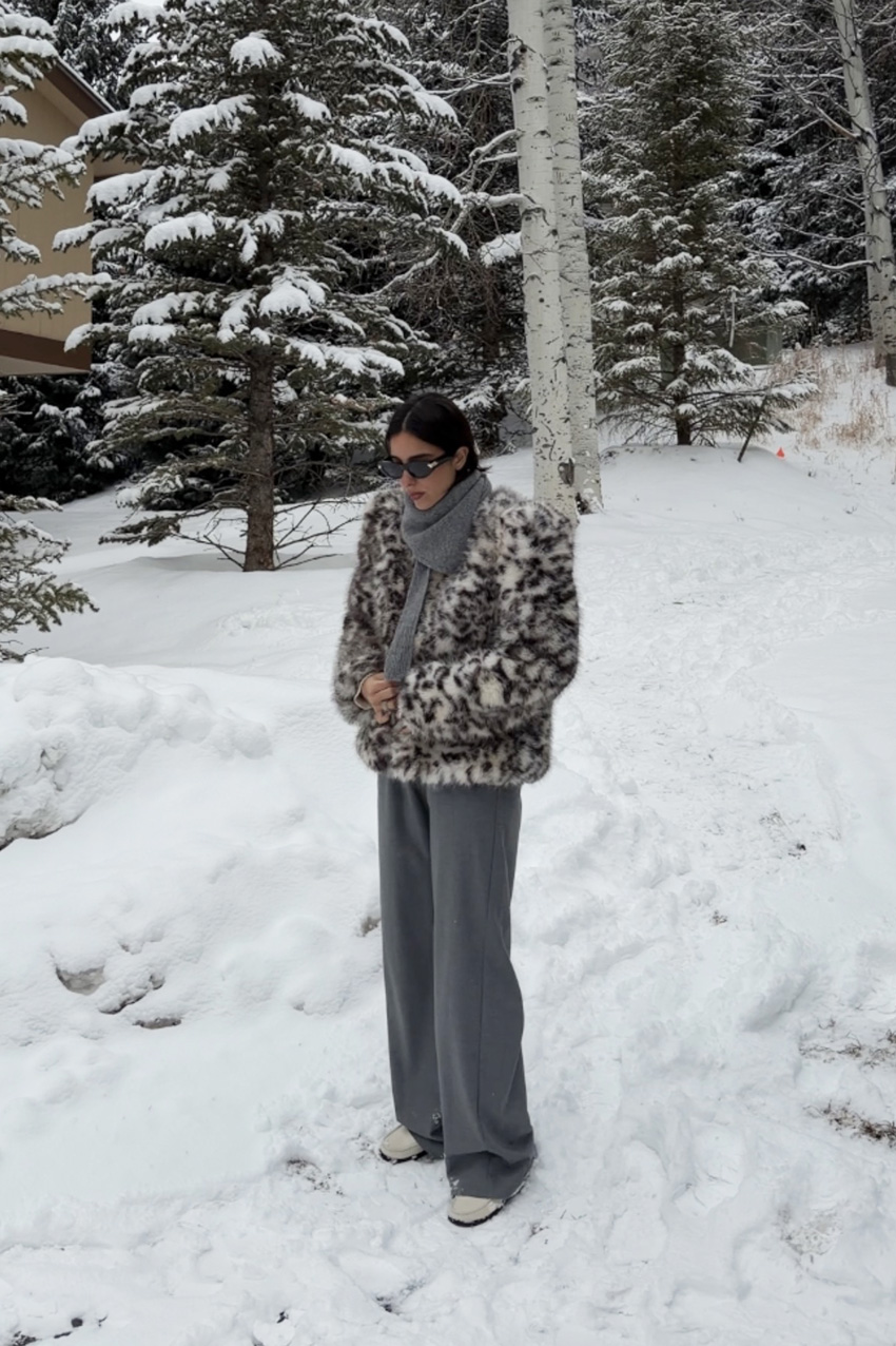 Bettina Looney wearing fur jacket trend in the snow