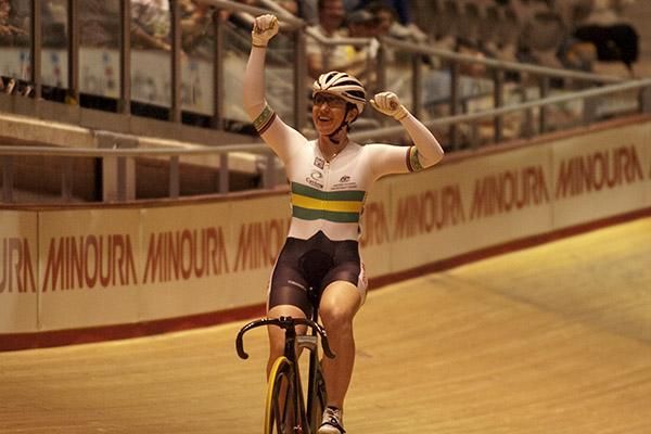 Anna Meares from Australia celebrates her gold medal ride in the women's sprint.
