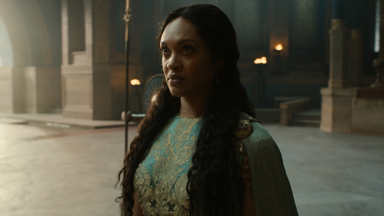 Míriel scowls as she looks at an off-screen Pharazon in The Rings of Power season 2 episode 8