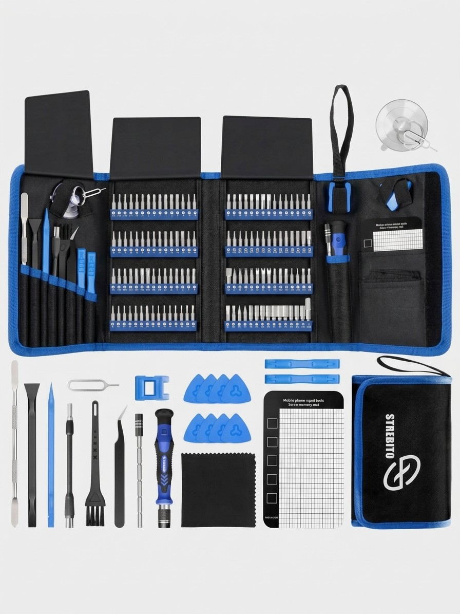 A Strebito 142-piece magnetic screwdriver set on a grey background