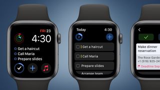 Three Apple Watches on a blue background showing the Things 3 app