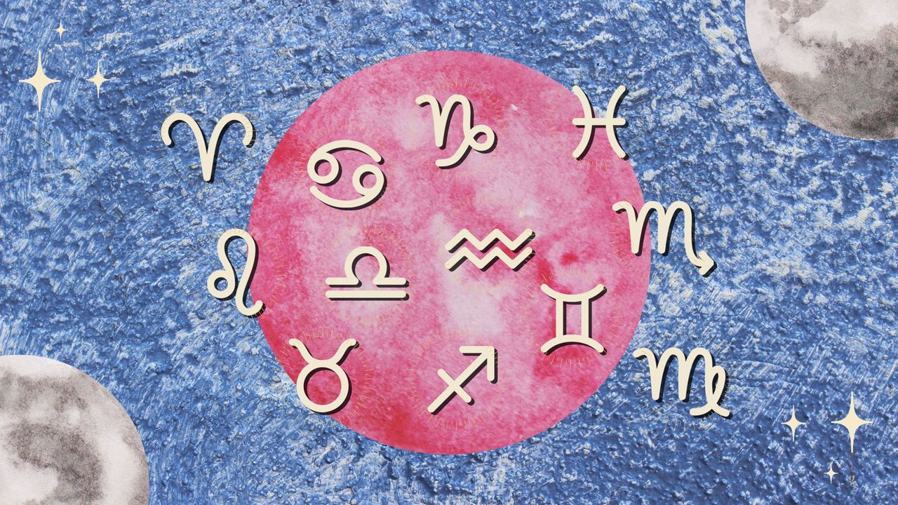 Zodiac signs in front of a pink full moon 