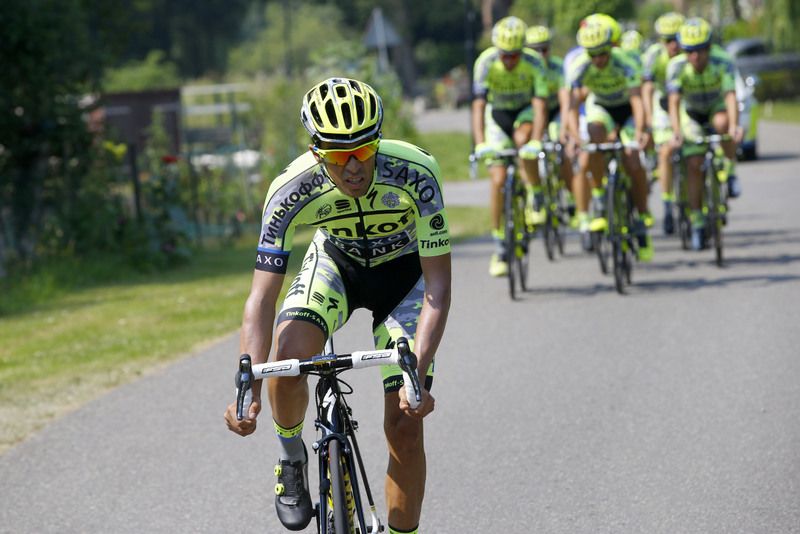 Alberto Contador riding out in front on his own