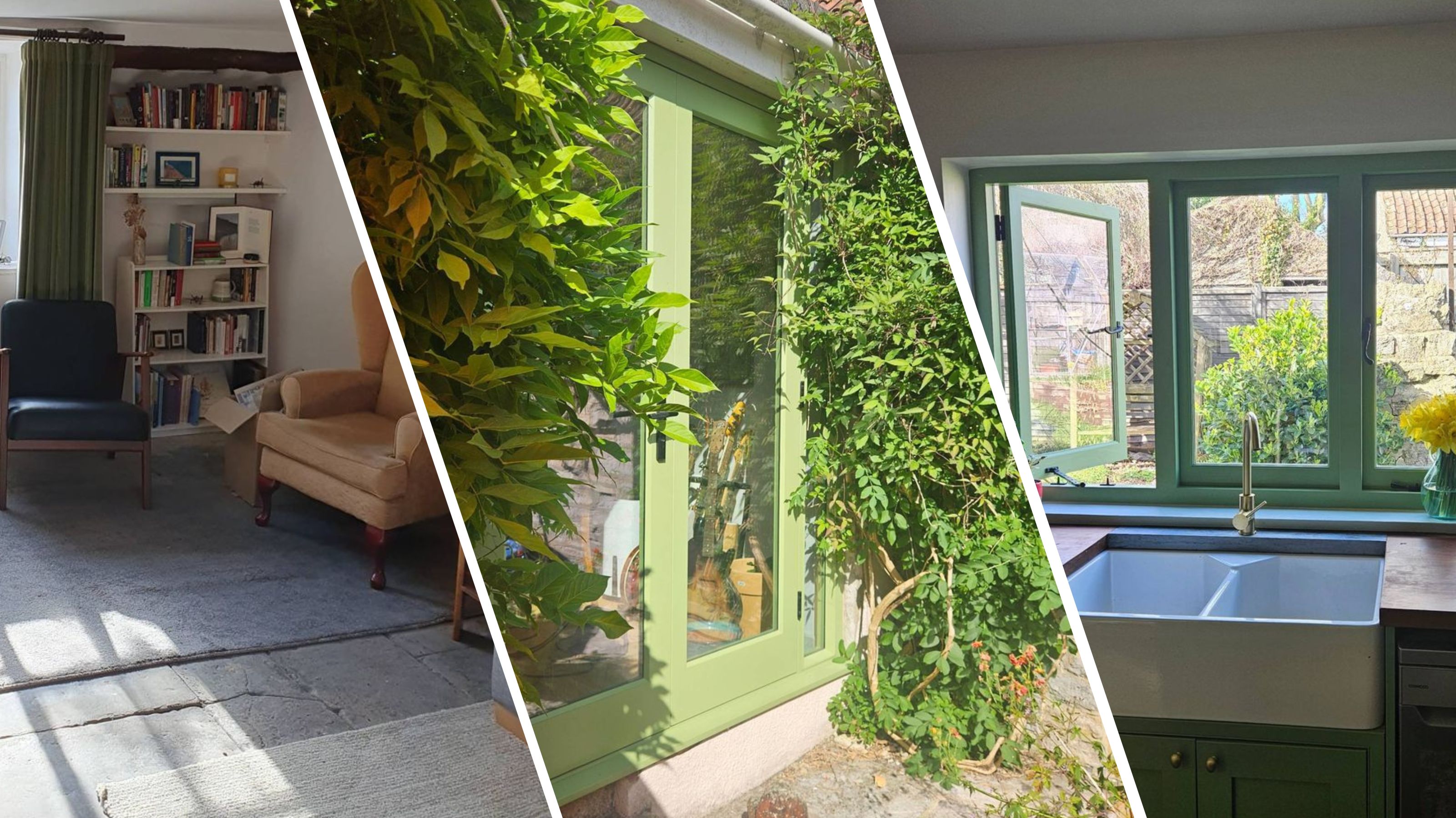 Composite image showing arm chairs on a rug on a stone floor, plants growing next to patio doors and an open window above a kitchen sink with views to the garden