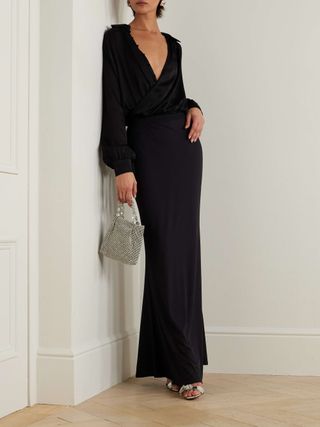 Wrap-Effect Draped Silk-Satin and Stretch-Jersey Maxi Shirt Dress