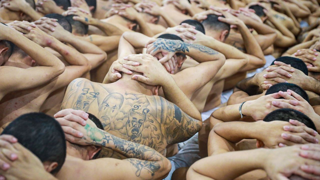 Rows of suspected gang members, bare-chested, with their hands on their heads and backs to the camera, in an overcrowded prison in El Salvador