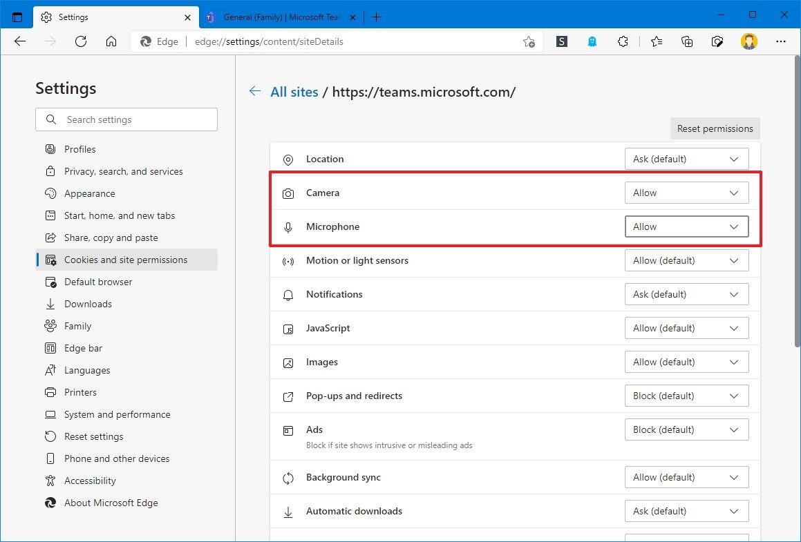 Microsoft Teams fix camera on Edge