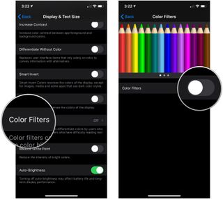 Enable Color Filters, showing how to tap Color Filters, then tap the switch next to Color Filters