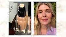 A bottle of Givenchy Prism Libre foundation on a black surface next to an image of beauty editor Fiona McKim with even skin and a pink dress on