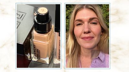 A bottle of Givenchy Prism Libre foundation on a black surface next to an image of beauty editor Fiona McKim with even skin and a pink dress on