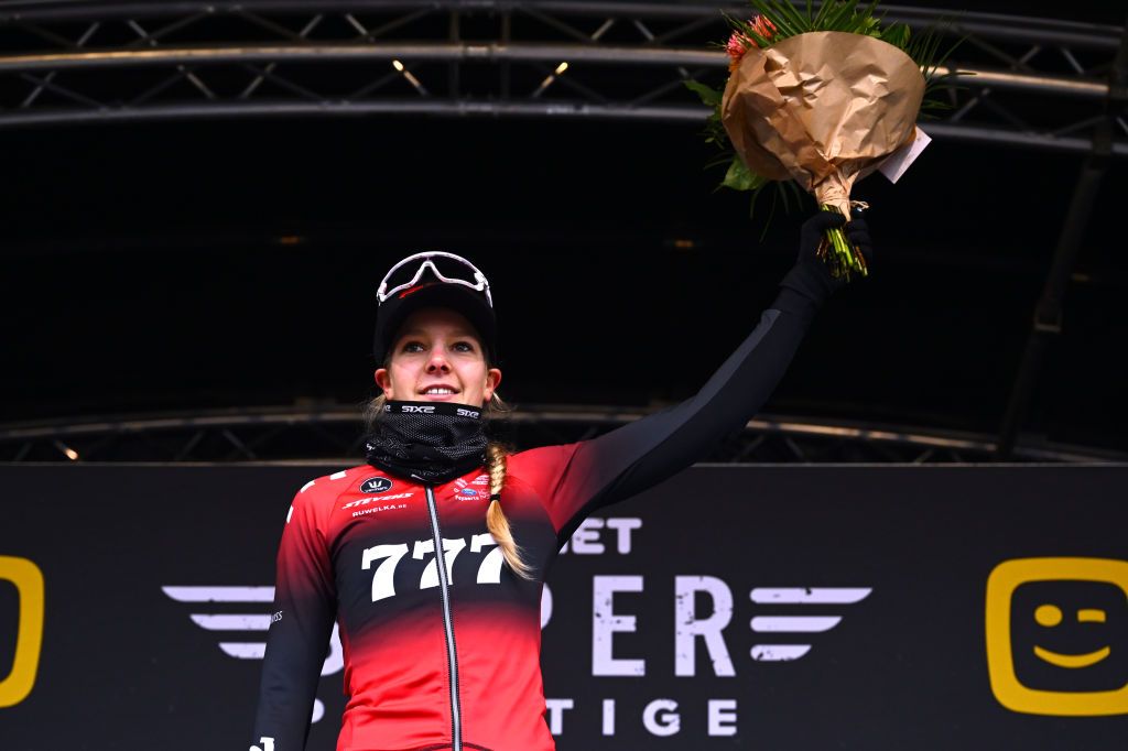 BOOM BELGIUM DECEMBER 03 Aniek Van Alphen of The Netherlands and Team 777 celebrates at podium as race winner during the 7th Superprestige Cyclocross Boom 2022 Womens Elite Superprestige2023 on December 03 2022 in Boom Belgium Photo by Luc ClaessenGetty Images